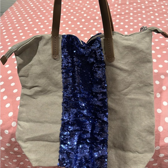 GAP Vintage brand new sequin blue stripe beige shoulder bag; zipper; super cute! - Picture 3 of 9
